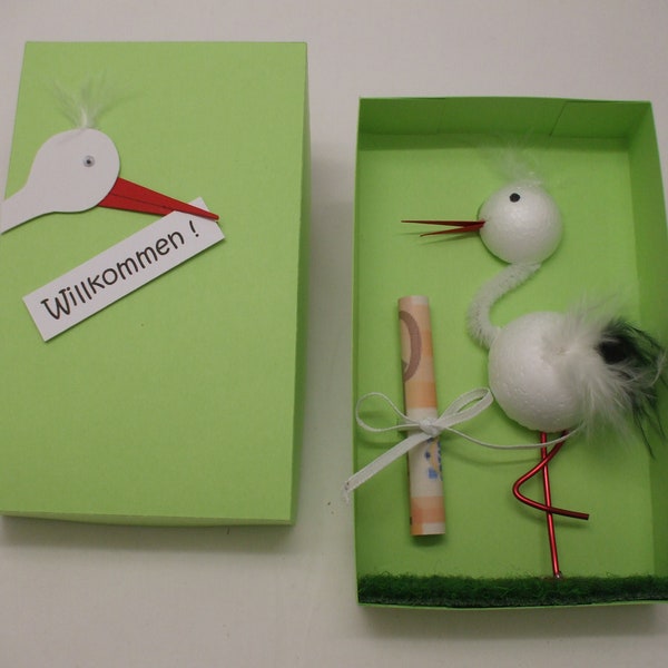 Geldgeschenkbox Storch zur Geburt für Mädchen und Jungs, Klapperstorch