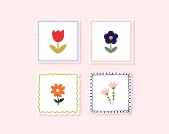 Flower Stamp Sticker Pack, Flower Stickers, Boho Floral Stickers