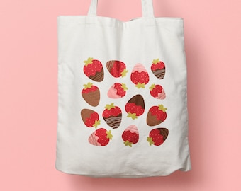 Chocolate Strawberry Tote Bag, Shopping Bag, Eco Friendly Gifts, Canvas Shoulder Bag