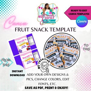 Peut inclure: Un modèle Canva pour des étiquettes de collation de fruits. Le modèle présente une étiquette rose et violette avec le texte "Sarah's 3rd Birthday Fruit Snacks". Le modèle présente également une étiquette jaune et noire avec le texte "KAUAI'S 10th Birthday Mixed Fruit Snacks".