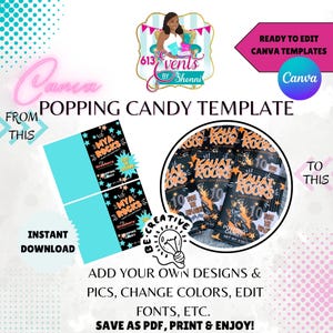 May include: A Canva template for popping candy labels. The template features a blue and black design with the text "MYA ROCKS" and "Strawberry Popping Candy". The template is ready to be edited with your own designs, colors, fonts, and pictures. Save as a PDF, print, and enjoy!