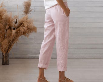 Pantalones de lino rosa claro para vacaciones. Pantalones de lino para mujer. Pantalones de playa. Pantalones de verano para mujer.