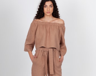100% Italian Linen. Off Shoulder Top. Elastic Neck. Boho Blouse. Bardot Top. Contemporary Wear.