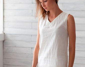100% Italian Linen. Soft Shirt. White Flax Top. V-Neck Linen T-Shirt. Basic Summer Shirts.