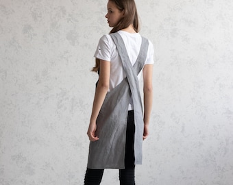 100% Italian Linen. Cross Back Aprons. Pinafore Apron Flax Dress. Workwear Women's Outfit.