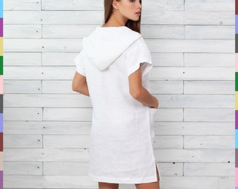 Hooded Linen Dress. Tunic With Hood. Hooded Tunic Women. Hooded Flax Tunic. White Linen Tunic. 100% Pure Linen (Italy)