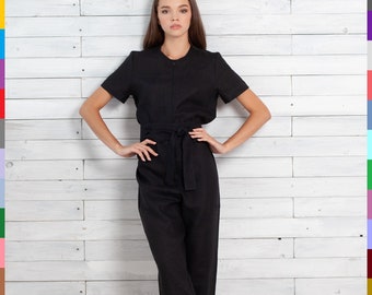 Leinen Strampler. Elegante Strampler. Formeller Overall. Schwarzer Pullover. Frauen Overall. Frauen Strampler. Gerade geschnittener Jumpsuit. 100% reines Leinen (Italien)