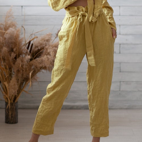 Yellow Linen Pants. Flax Pants. Linen Trousers. Tapered Women Etsy