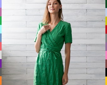 Green Linen Dress. Short Flax Dress. Wrap Linen Gown. Kimono Dress. Summer Dress.  100% Pure Linen (Italy)