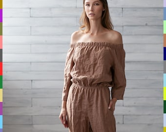 Off Shoulder Jumper. Linen Romper Women. Brown Linen Jumpsuit. Casual Playsuit. Linen Overall. 100% Pure Linen (Italy)