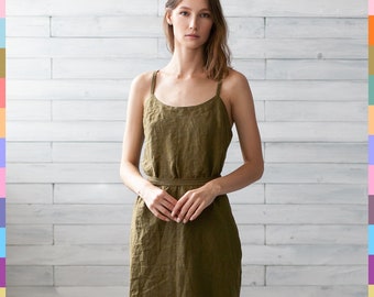 Khaki Linen Dress. Flax Apron Dress. Linen Pinafore. Maxi Linen Dress. 100% Pure Linen (Italy)