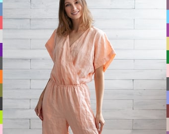 Pink Linen Jumpsuit. Wrap Flax Romper. Summer Jumper. Linen Overall. Casual Playsuit. Salmon Jumpsuit. 100% Pure Linen (Italy)