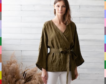 Linen Blouse. Flax Wrap Top. Linen Top. Khaki Top. 100% Pure Linen (Italy)