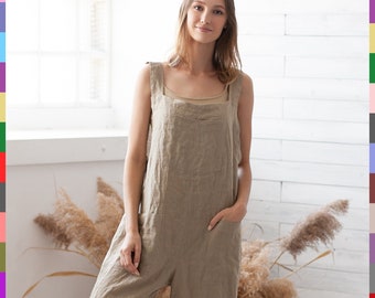 Loose Linen Jumpsuit. Beige Jumper. Linen Overall. Natural Romper. Beige Playsuit. Casual Romper. 100% Pure Linen (Italy)