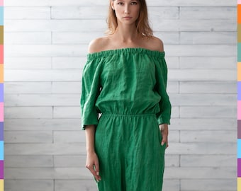 Off Shoulder Jumper. Linen Romper Women. Green Linen Jumpsuit. Cropped Playsuit. Linen Overall. 100% Pure Linen (Italy)