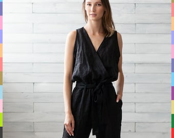 Wrap Linen Jumpsuit. Black Flax Romper. Sleeveless Linen Jumper. Romper With Belt. 100% Pure Linen (Italy)