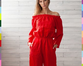 Red Linen Jumpsuit - Etsy New Zealand