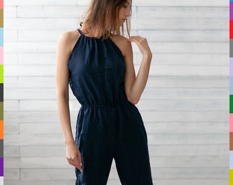 Strap Linen Jumpsuit. Linen Overalls. Women Casual Jumpsuit. Navy Linen Dungarees. 100% Pure Linen (Italy)