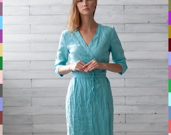 Blue Linen Dress. Wrap Linen Dress. Flax Midi Dress. Bestseller Dresses. Summer Dress. 100% Pure Linen (Italy)