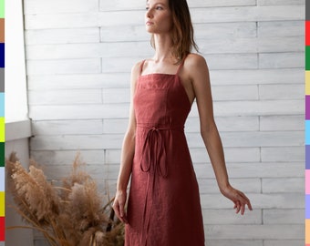 Terracotta Dress. Wrap Flax Dress. Cross Back Dress. Halter Dress. Pinafore Dress. 100% Pure Linen (Italy)