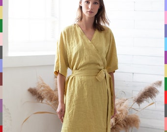 Yellow Linen Dress. Maxi Flax Dress. Oversized Wrap Dress. Bestseller Dresses. Kimono Dress. 100% Pure Linen (Italy)