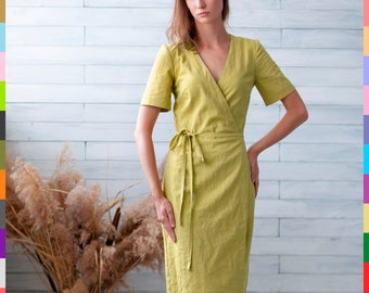 Yellow Linen Dress. Linen Wrap Dress. Bestseller Dress. Washed Linen Dress. Natural Linen Dress. 100% Pure Linen (Italy)