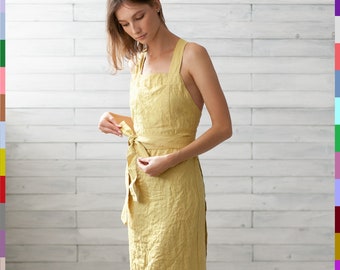 Linen Summer Dress. Yellow Flax Dress. Linen Apron Dress. Bridesmaid Dress. 100% Pure Linen (Italy)