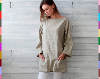 Oversized Linen Top. Flax Tunic Dress. Linen Top With Poklets. 100% Pure Linen (Italy)