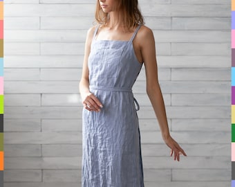 Blue Linen Dress. Pinafore Dress. Linen Apron Dress. Wrap Dress. Summer Pinafore. 100% Pure Linen (Italy)