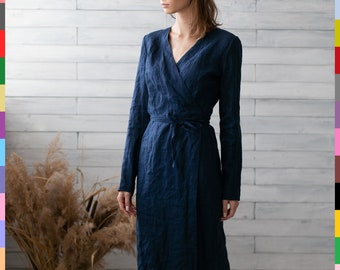 Navy Blue Dress. Flax Wrap Dress. Summer Dress. Maxi Flax Dress. 100% Pure Linen (Italy)