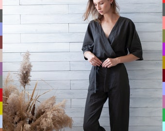 Wrap Leinen Jumpsuit. Grauer Strampelanzug. Leinen Pullover. Grauer Strampler Mit Gürtel. 100% reines Leinen (Italien)