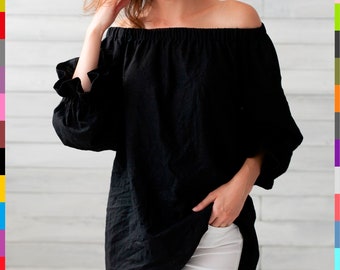 Black Linen Top. Off The Shoulder Top. Flax Blouse. Linen Tunic. 100% Pure Linen (Italy)