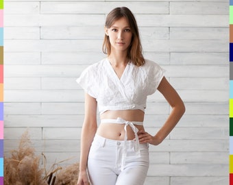 Weißes Leinen Top. Wrap Flas Top. Leinen T-Shirt. Weißes Crop Top. Wickel-Crop-Top. 100% reines Leinen (Italien)