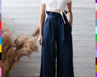 Wide Leg Pants. Palazzo Pants. Navy Linen Pants. Long Linen Pants. Loose Linen Pants. Casual Pants. 100% Pure Linen (Italy)