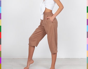 Brown Linen Capri. Flax Shorts. Women Linen Shorts. Long Shorts. Bellow Knee Shorts. Summer Pants. Cropped Pants. 100% Pure Linen (Italy)