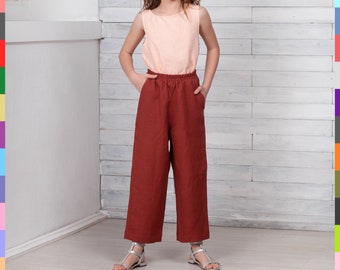 Terracotta Kids Pants. Girls Flax Trousers. Straight Kids Trousers. Simple Kids Pants. 100% Pure Linen (Italy)
