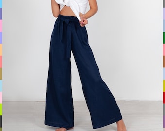 Linen Pants. Navy Blue Pants. Wide Palazzo Pants. Loose Linen Pants. High Waist Pants. 100% Pure Linen (Italy)