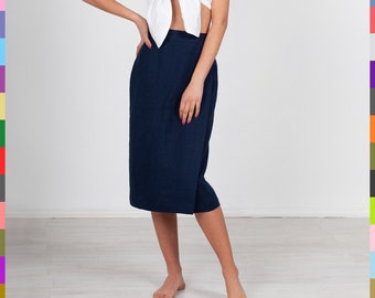 Navy Linen Skirt. Wrap Flax Skirt. Linen Midi Skirt. 100% Pure Linen (Italy)