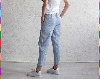 100% Italian Linen. Classic Pants. Women Trousers. Woman Flax Trouser. Slack Linen Basic Outfit.