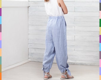 Blue Kids Pants. Girls Casual Trousers. Simlpe Kids Pants. Summer Kids Pants. 100% Pure Linen (Italy)