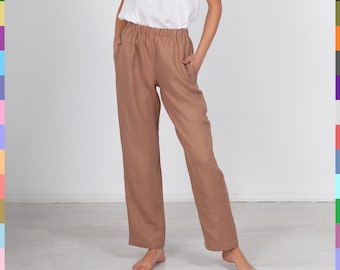 100% Italian Linen. Soft Linen Pants – Brown Light Trousers for Women