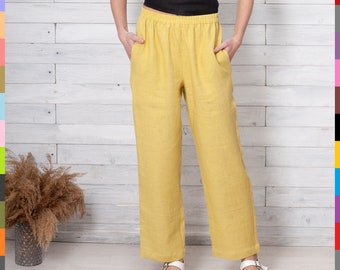 Summer Women Pants. Straight Women Pants. Bright Linen Pants. Bright Trousers. Yellow Women Pants. Women Pants. 100% Pure Linen (Italy)