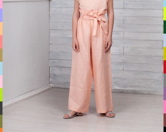 Pink Kids Pants. Wide Leg Trousers. High Waist Pants. Kids Palazzo. 100% Pure Linen (Italy)