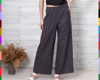 100% Italian Linen. Modern Style Trousers For Women. Wide Leg Palazzo. Loose Pants.