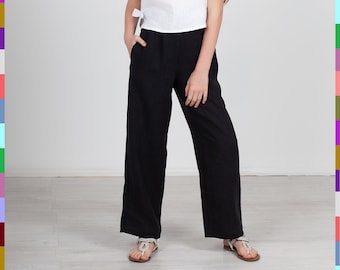 Pantalones de lino negro para niños: tejido italiano, suave y doble lavado a la piedra.