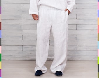 White Summer Trousers. Wide Leg Pants. Casual Linen Pants. Linen Pleated Pants. Linen Men Pants. Linen Boy Capris. 100% Pure Linen (Italy).