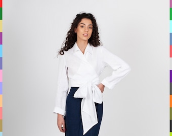 White Linen Blouse. Flax Kimono Top. Linen White Shirt. Wrap Linen Blouse. 100% Pure Linen (Italy)