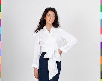 White Linen Blouse. Flax Kimono Top 