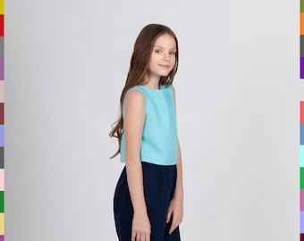 Blue Kids Tank. Basic Kids Top. Girls Linen T-Shirt. Luxury Girls Top. 100% pure linen (Italy).