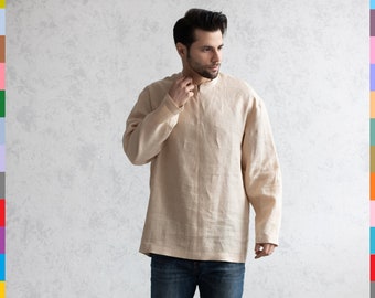 100% pure linen (Italy). Linen men long sleeve shirt. Flax man top. Linen boy shirt. Italian linen.